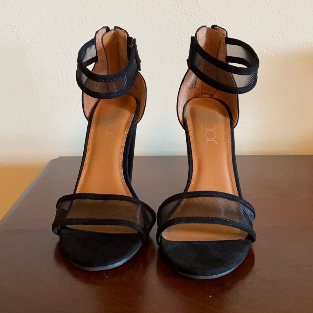 SUGAR -BLACK SUEDE -SIZE 6; 4 inch CHUNKY HEEL,MESH STRAPS, ZIP BACK CLOSURE